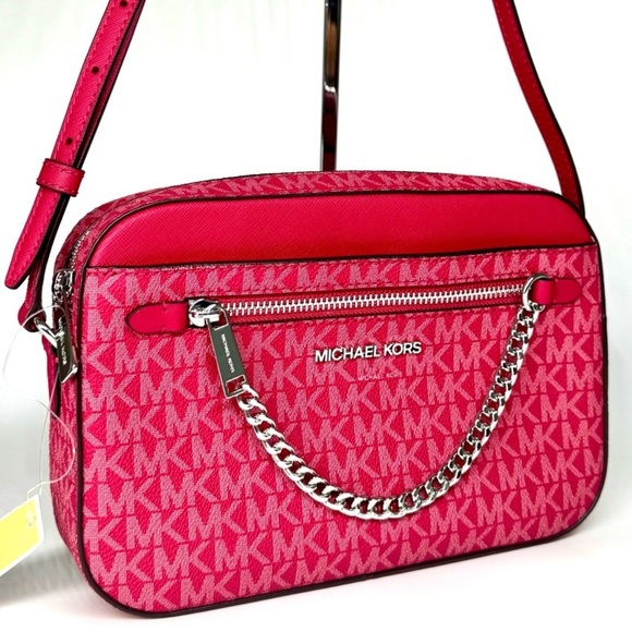 Michael Kors Large Jet Set Large Signature Logo Crossbody Bag - Dark Raspberry - Picture 3 of 10